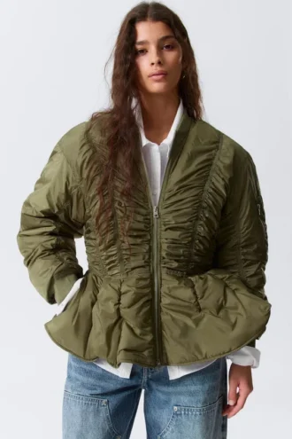Slim Ruched Peplum Bomber Jacket – Khaki Green