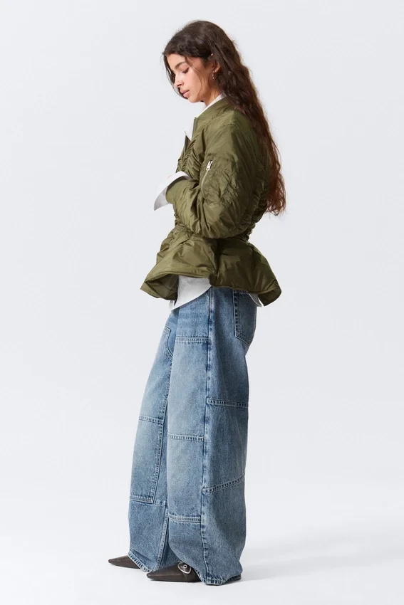 Slim Ruched Peplum Bomber Jacket – Khaki Green Slim Ruched Peplum Bomber Jacket – Khaki Green