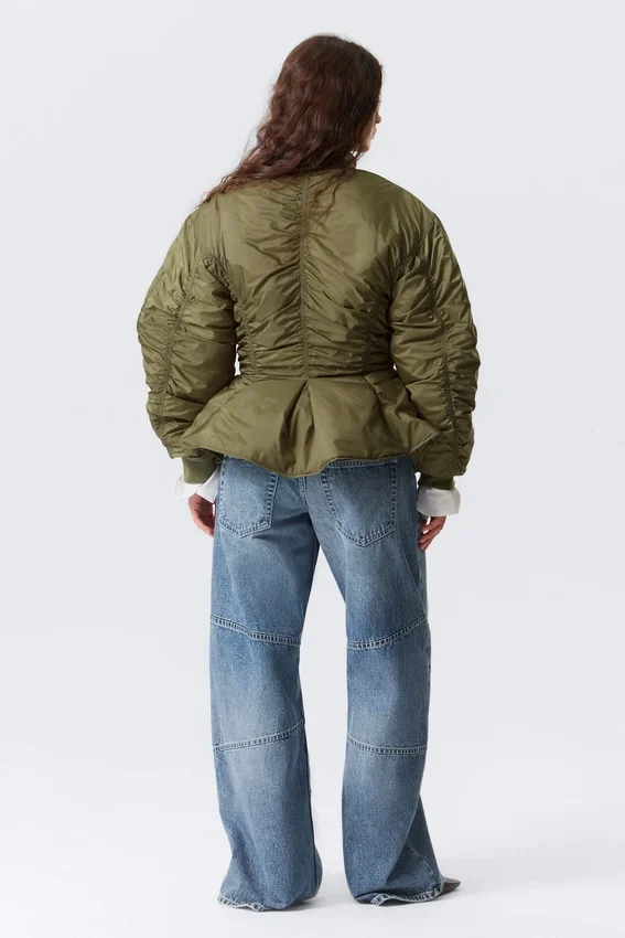 Slim Ruched Peplum Bomber Jacket – Khaki Green Slim Ruched Peplum Bomber Jacket – Khaki Green
