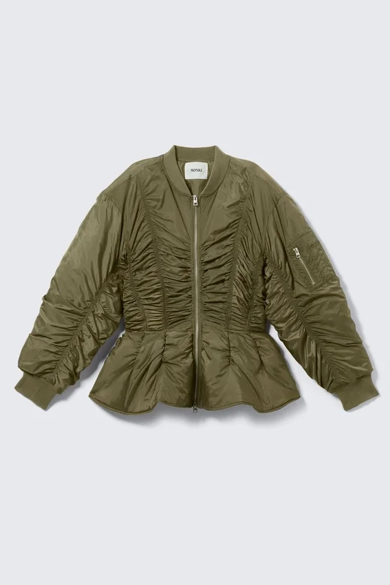 Slim Ruched Peplum Bomber Jacket – Khaki Green Slim Ruched Peplum Bomber Jacket – Khaki Green