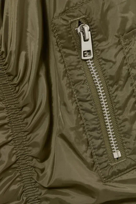 Slim Ruched Peplum Bomber Jacket – Khaki Green Slim Ruched Peplum Bomber Jacket – Khaki Green