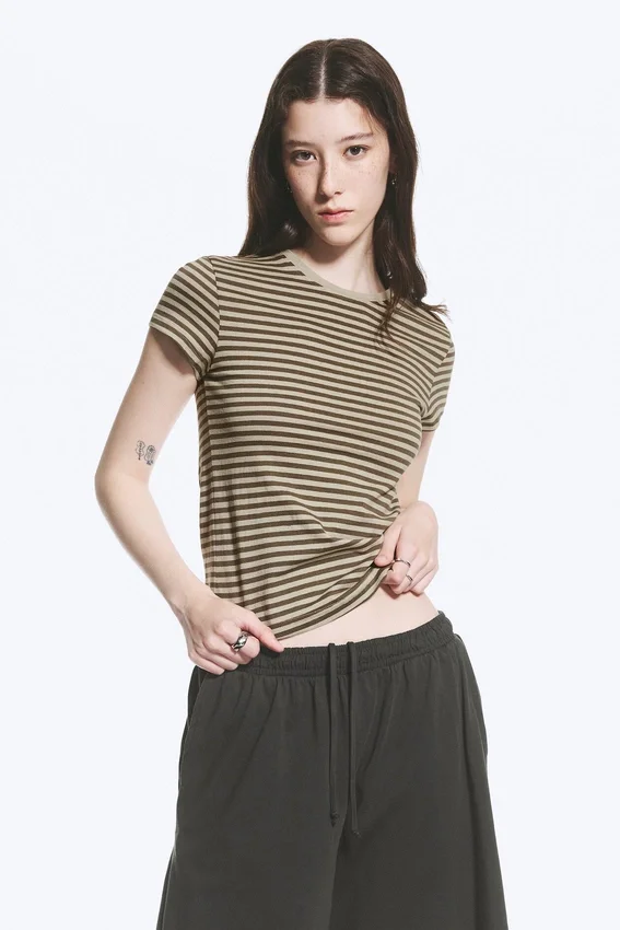 Slim Short-Sleeved Cotton T-Shirt – Dark & Light Mole Stripes Slim Short-Sleeved Cotton T-Shirt – Dark & Light Mole Stripes