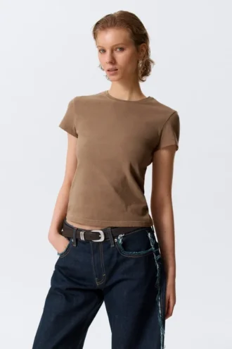 Slim Short-Sleeved Cotton T-Shirt – Washed Dark Beige