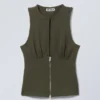 Slim Sleeveless Zip Top – Khaki Green
