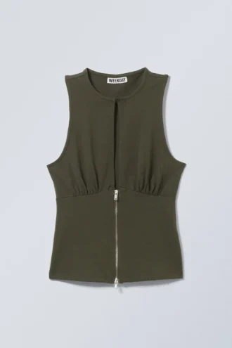 Slim Sleeveless Zip Top – Khaki Green