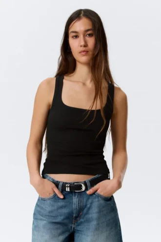 Slim Square Neck Ribbed Tank Top – Black