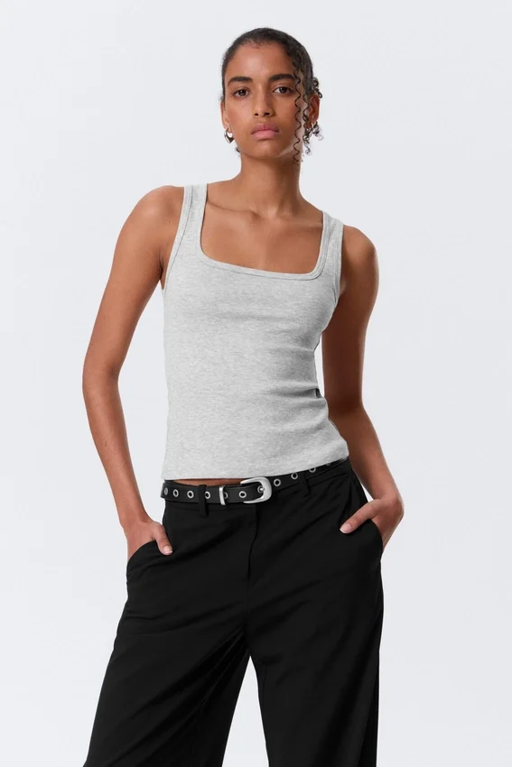 Slim Square Neck Ribbed Tank Top – Grey Melange Slim Square Neck Ribbed Tank Top – Grey Melange