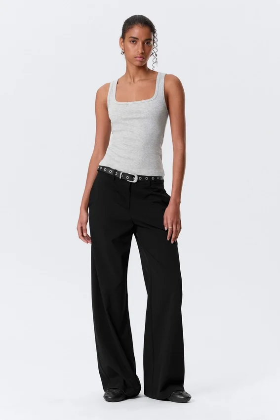 Slim Square Neck Ribbed Tank Top – Grey Melange Slim Square Neck Ribbed Tank Top – Grey Melange