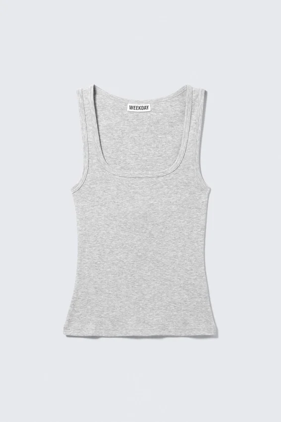 Slim Square Neck Ribbed Tank Top – Grey Melange Slim Square Neck Ribbed Tank Top – Grey Melange