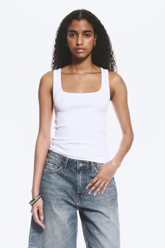 Slim Square Neck Ribbed Tank Top – White Slim Square Neck Ribbed Tank Top – White