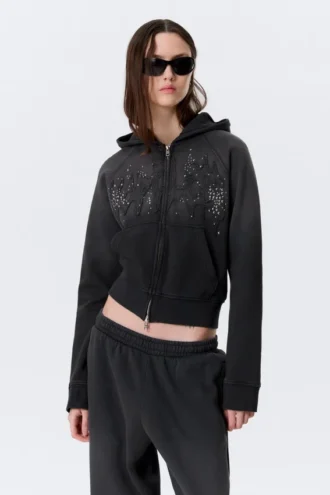 Slim Studded Graphic Zip Hoodie – Washed Studded Black