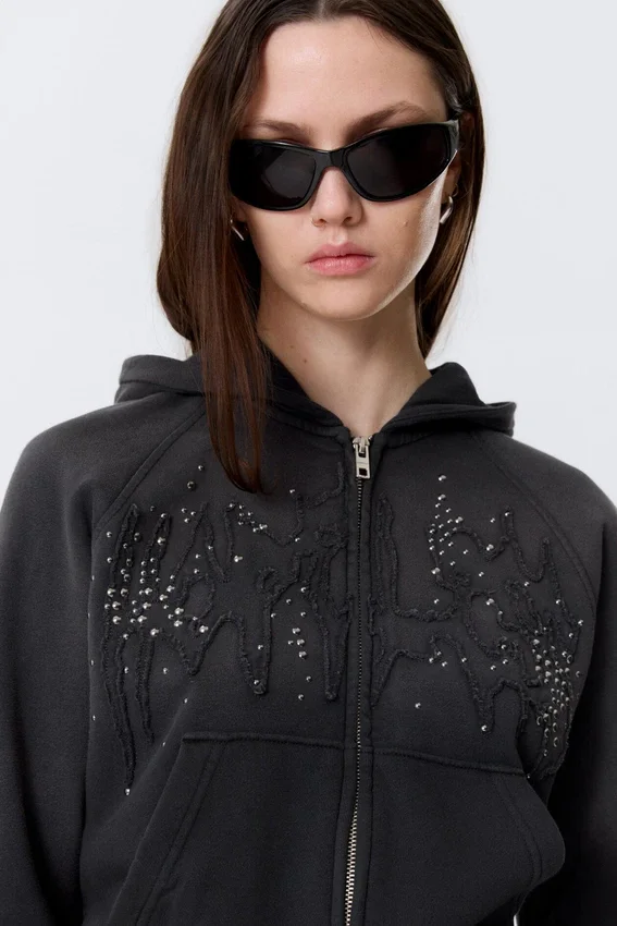 Slim Studded Graphic Zip Hoodie – Washed Studded Black Slim Studded Graphic Zip Hoodie – Washed Studded Black