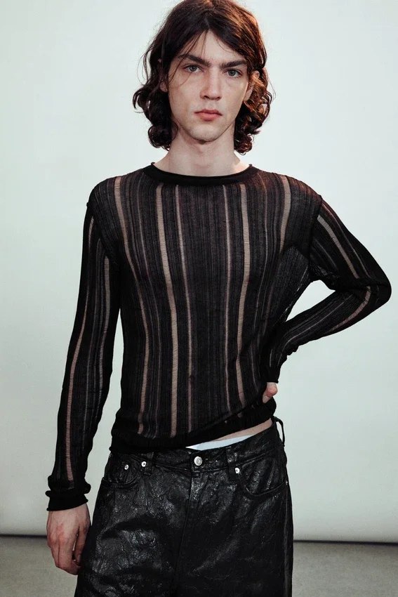 Slim Tear-Knit Long-Sleeved T-Shirt – Black Slim Tear-Knit Long-Sleeved T-Shirt – Black