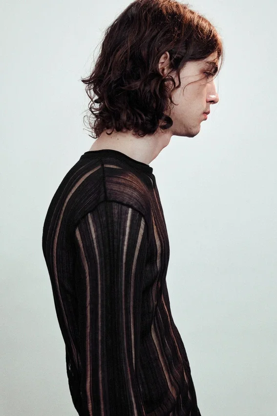 Slim Tear-Knit Long-Sleeved T-Shirt – Black Slim Tear-Knit Long-Sleeved T-Shirt – Black