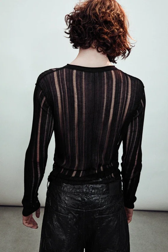 Slim Tear-Knit Long-Sleeved T-Shirt – Black Slim Tear-Knit Long-Sleeved T-Shirt – Black
