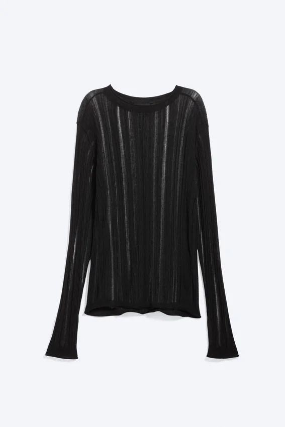 Slim Tear-Knit Long-Sleeved T-Shirt – Black Slim Tear-Knit Long-Sleeved T-Shirt – Black