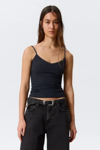 Slim V-Neck Cotton Singlet – Striped Dark Blue