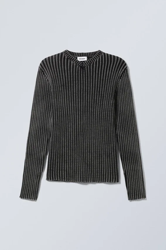Slim V-Neck Knitted Sweater – Washed Black Slim V-Neck Knitted Sweater – Washed Black