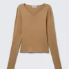 Slim V-Neck Long-Sleeved Top – Dark Beige Slim V-Neck Long-Sleeved Top – Dark Beige