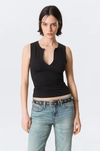 Slim V-Neck Sleeveless Top – Black