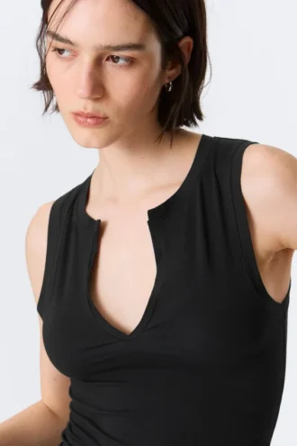 Slim V-Neck Sleeveless Top – Black