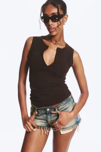 Slim V-Neck Sleeveless Top – Dark Brown