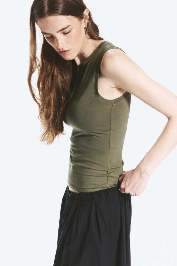 Slim V-Neck Sleeveless Top – Dusty Khaki Green Slim V-Neck Sleeveless Top – Dusty Khaki Green