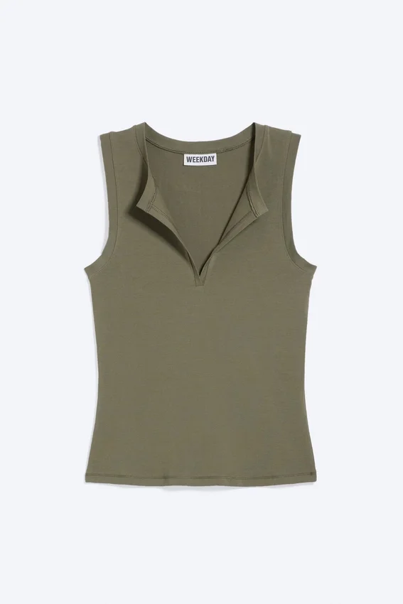 Slim V-Neck Sleeveless Top – Dusty Khaki Green Slim V-Neck Sleeveless Top – Dusty Khaki Green