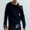 Slim Zip-Sleeve Wool Sweater – Navy Blue Slim Zip-Sleeve Wool Sweater – Navy Blue