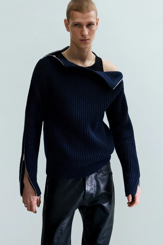 Slim Zip-Sleeve Wool Sweater – Navy Blue Slim Zip-Sleeve Wool Sweater – Navy Blue