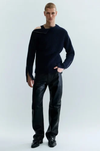 Slim Zip-Sleeve Wool Sweater – Navy Blue