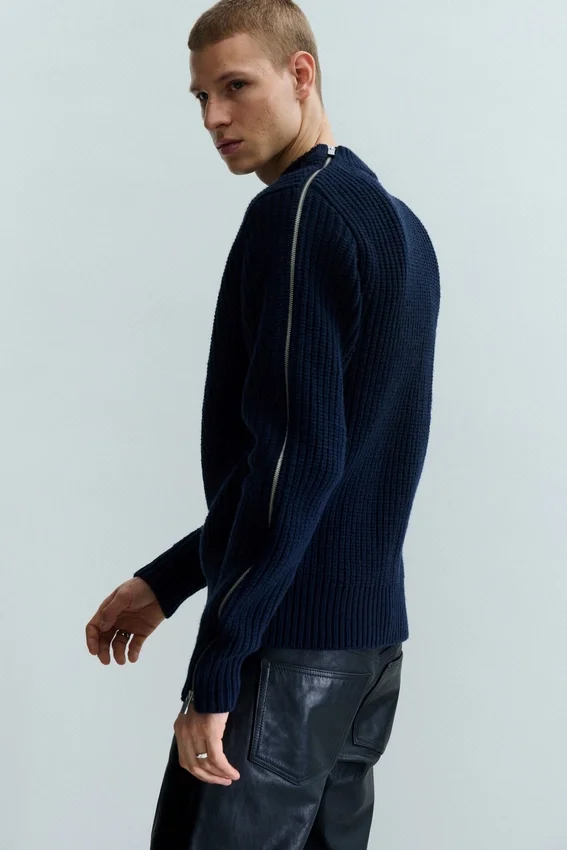 Slim Zip-Sleeve Wool Sweater – Navy Blue Slim Zip-Sleeve Wool Sweater – Navy Blue