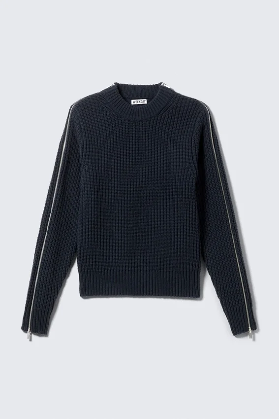 Slim Zip-Sleeve Wool Sweater – Navy Blue Slim Zip-Sleeve Wool Sweater – Navy Blue