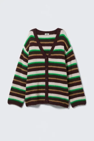 Soft Knit V-Neck Cardigan – Plum/Green/Beige Stripe
