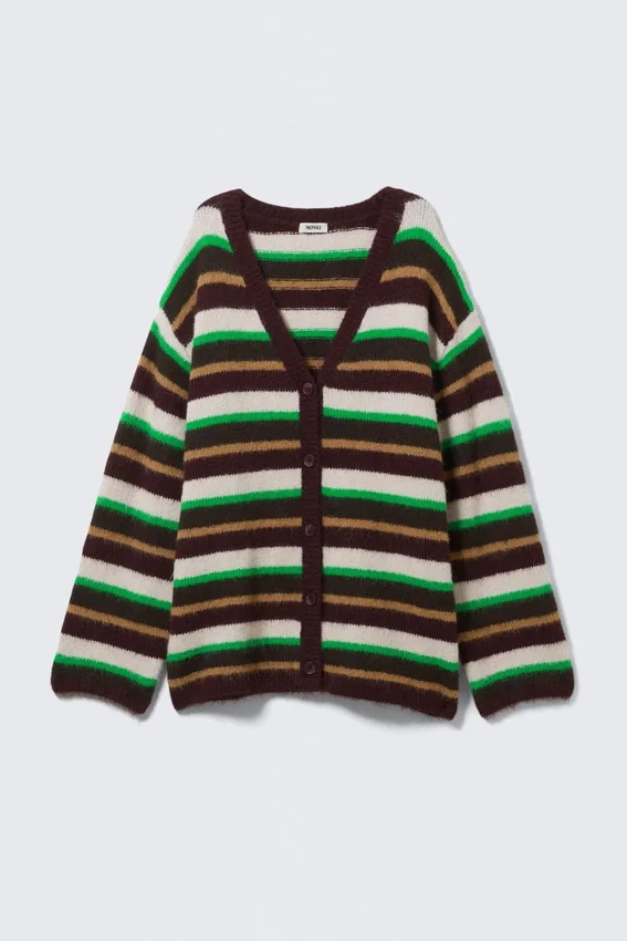Soft Knit V-Neck Cardigan – Plum/Green/Beige Stripe Soft Knit V-Neck Cardigan – Plum/Green/Beige Stripe