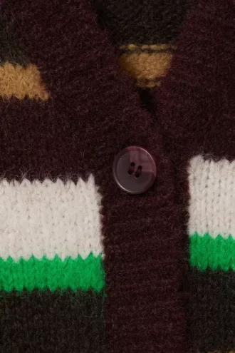 Soft Knit V-Neck Cardigan – Plum/Green/Beige Stripe