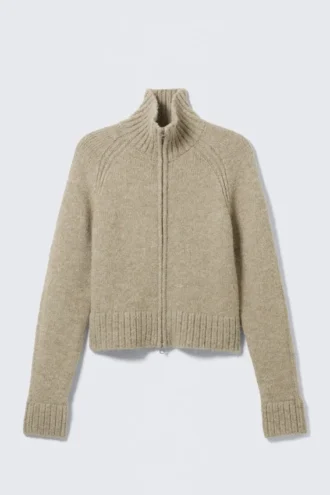 Soft Knitted Fitted Zip Cardigan – Beige Melange