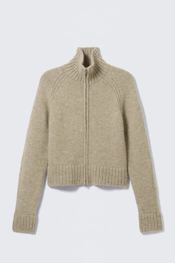 Soft Knitted Fitted Zip Cardigan – Beige Melange Soft Knitted Fitted Zip Cardigan – Beige Melange
