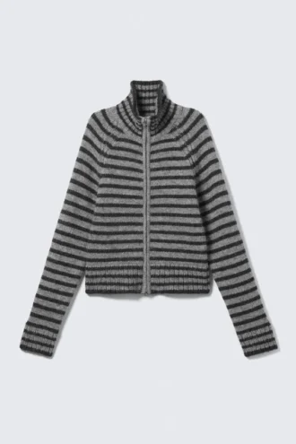 Soft Knitted Fitted Zip Cardigan – Black & Grey Stripes