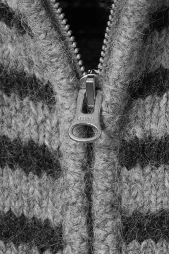 Soft Knitted Fitted Zip Cardigan – Black & Grey Stripes