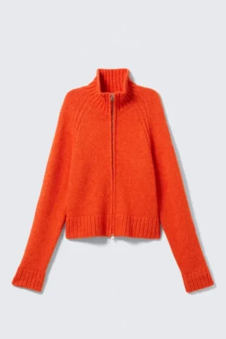 Soft Knitted Fitted Zip Cardigan – Bright Orange Soft Knitted Fitted Zip Cardigan – Bright Orange