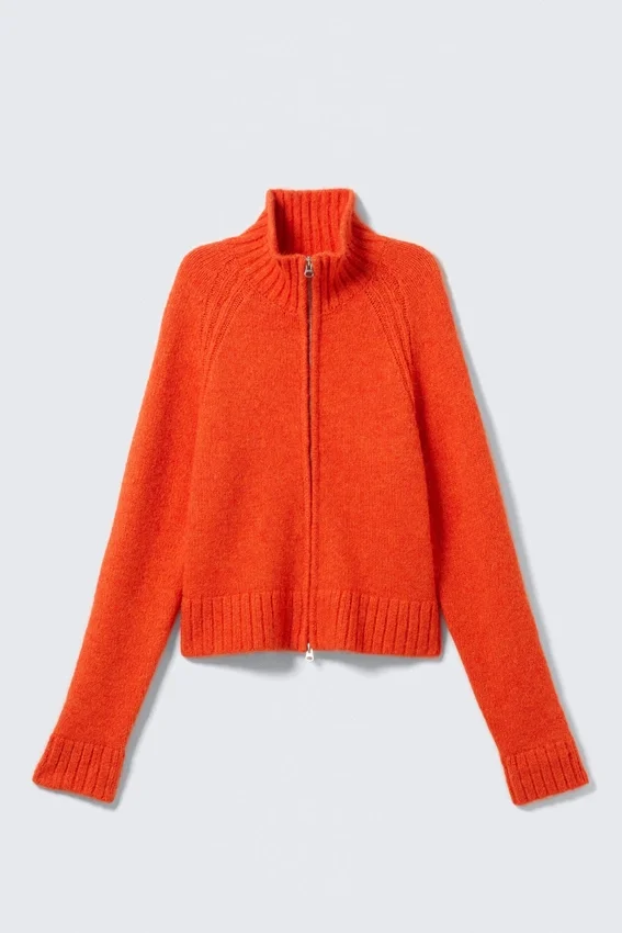 Soft Knitted Fitted Zip Cardigan – Bright Orange Soft Knitted Fitted Zip Cardigan – Bright Orange