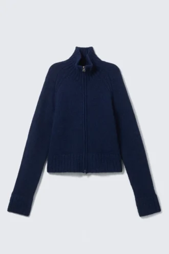 Soft Knitted Fitted Zip Cardigan – Dark Navy Blue Melange