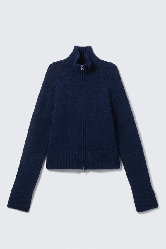 Soft Knitted Fitted Zip Cardigan – Dark Navy Blue Melange Soft Knitted Fitted Zip Cardigan – Dark Navy Blue Melange