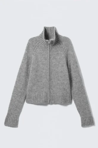 Soft Knitted Fitted Zip Cardigan – Grey Melange
