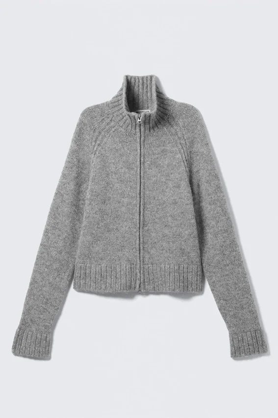 Soft Knitted Fitted Zip Cardigan – Grey Melange Soft Knitted Fitted Zip Cardigan – Grey Melange
