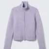 Soft Knitted Fitted Zip Cardigan – Light Purple Melange Soft Knitted Fitted Zip Cardigan – Light Purple Melange