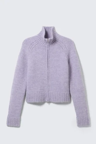 Soft Knitted Fitted Zip Cardigan – Light Purple Melange