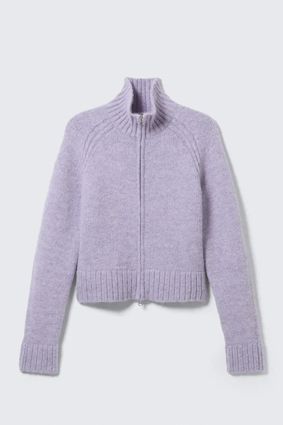 Soft Knitted Fitted Zip Cardigan – Light Purple Melange Soft Knitted Fitted Zip Cardigan – Light Purple Melange