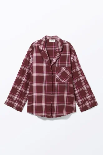 Soft Long-Sleeved Flannel Shirt – Dark Red Check